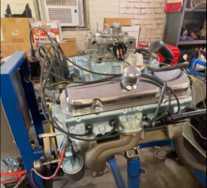 Rebuilt engine on run stand during engine break-in procedure